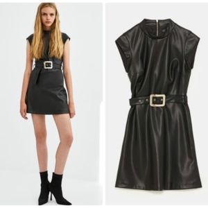 ZARA BLACK FAUX LEATHER BELTED DRESS